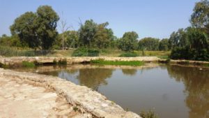 The pond. The arches of the ancient Roman bridge can be seen. The are flowing through them and in the past used to spin the milestones.