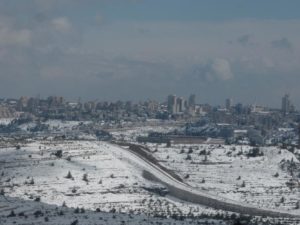 02222015-05 Looking East - The Main Entrance to Jerusalem (The road below is the security fence between Israel and the PA) - Snow