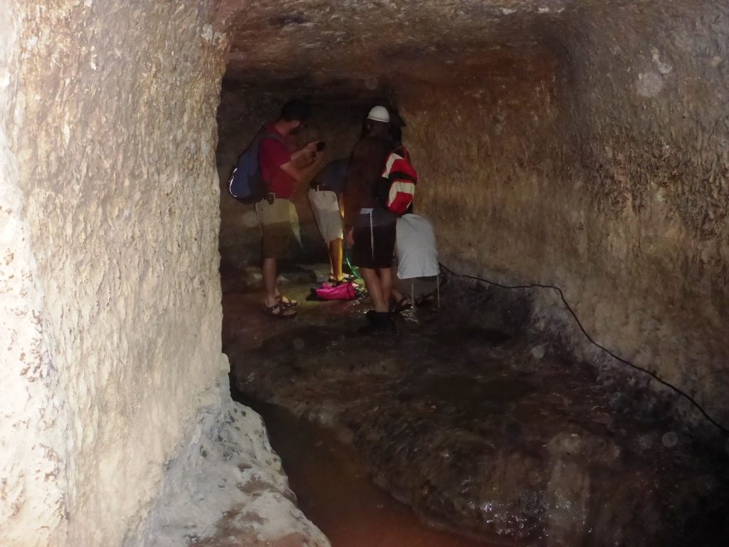 The spring tunnel about 60 meter long, 2*2 meter. Wonderful of chiseling. The guys there are trying determine what is the age of the tunnel. Those tunnels are dug in order to increase the water flow by allowing it to run easily in the tunnel instead through the rock. - Tel Gibeon