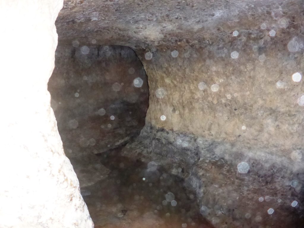 The spring tunnel about 60 meter long, 2*2 meter. Wonderful of chiseling. The guys there are trying determine what is the age of the tunnel. Those tunnels are dug in order to increase the water flow by allowing it to run easily in the tunnel instead through the rock. - Tel Gibeon