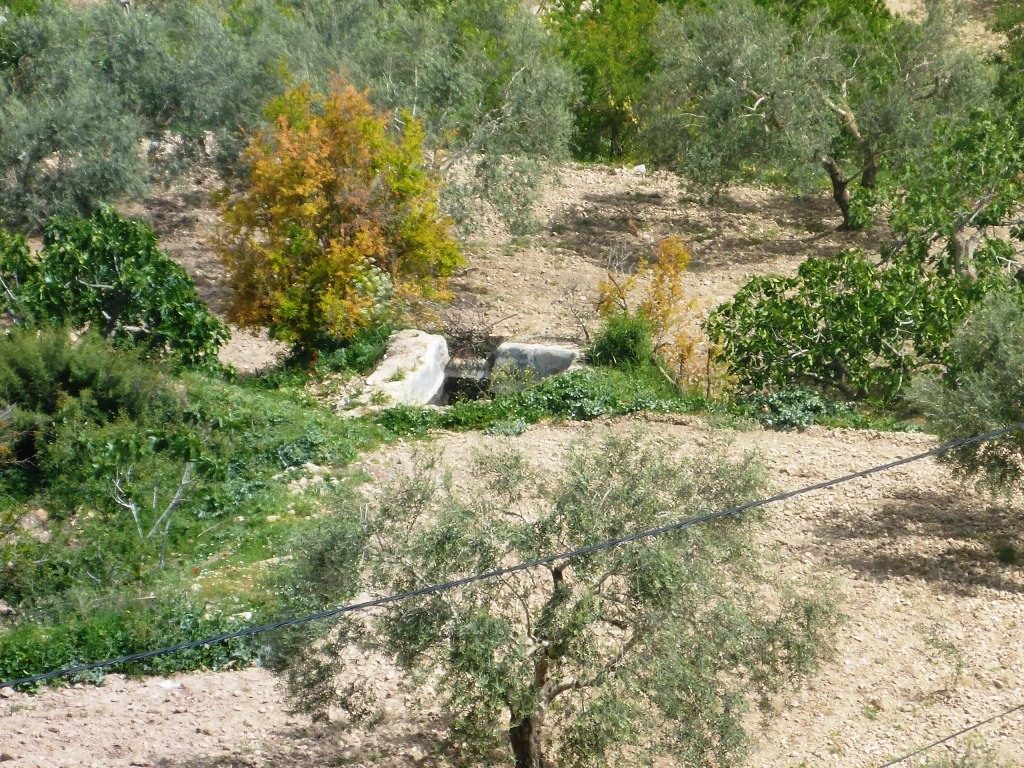 Looking down on the lower entrance and the external tunnel from the edge of top of the tell. The opening in the right pic is a air hole of the external tunnel. - Tel Gibeon