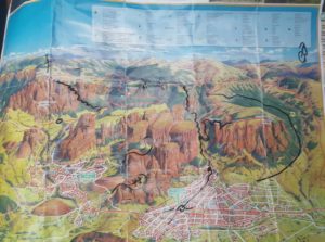 The map of Meteora with our friends' hotel owner marks: the tripods are panorama views