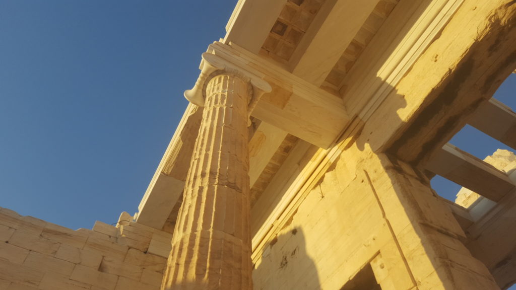 Marble slabs on stone beams on bigger beams on massive columns