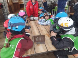 Mother goose and the gooslings in choclate break - ski school