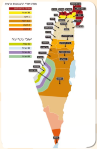 Israel map with running time to the nearest shelter