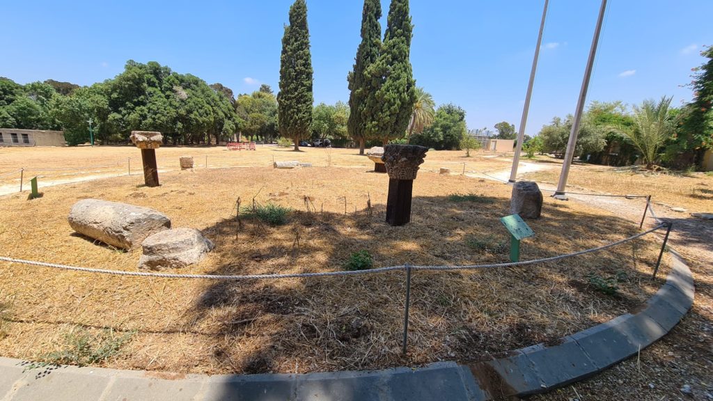 The Cardo meets the fortress, Along the Cardo and the columns heads that were found here - Tel Afek