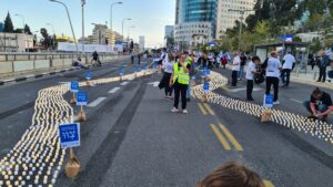 Rhe beveavemant families presentation: thousands of Yahrzeit candles for the fallen soldires and sign saying In thier death they have ordered us Democracy - 16th week