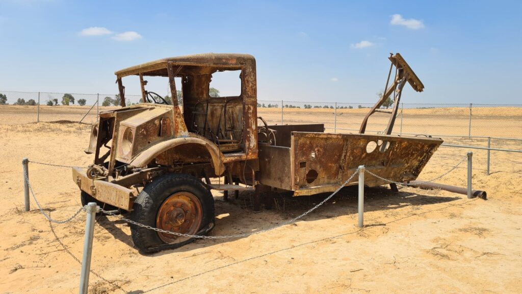 A truck as used as mobile metal shop to lay the water pipes on the Western Negev. It was nicknamed bulldog for its shape. - Mitzpe Gvulot