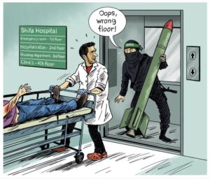 A caricature shows a Hamas terrorist in Shifa hospital elevator with a rocket in his hand going out the wrong floor and meeting a doctor who is moving an injured Palestinian in a hospital bed