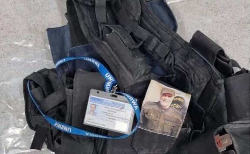 IDF forces have found a Hamas terrorist fighting vest with the idefication tag of UNRAWA (United Nations Relief and Works Agency for Palestine Refugees in the Near East) - Red Cross