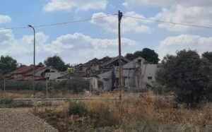Ruined and burnt houses inside the Kibbutz 