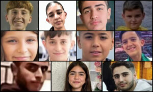 11 of the children killed in the attack. Top row, Left to right: Ameer Rabeea Abu Saleh, 16, Iseel Nasha’at Ayoub, 12, Hazem Akram Abu Saleh, 15, Milad Muadad Alsha’ar, 10 Middle row, Left to Right: Alma Ayman Fakher Eldin, 11, Naji Taher Alhalabi, 11, Johnny Wadeea Ibrahim, 13, Yazan Nayeif Abu Saleh, 12. Bottom row, Left to Right: Fajer Laith Abu Saleh, 16, Vinees Adham Alsafadi, 11 Nathem Fakher Saeb, 16.