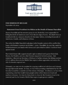 Statement from President Joe Biden on the death of Hassan Nasrallah 