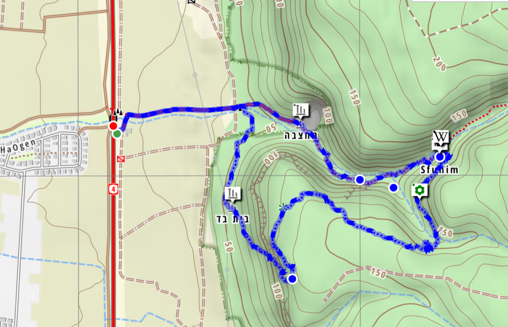 Nahal Sfunim hike trail in Israel hike trail: 141m up, 141 m down, 4.54 km in total