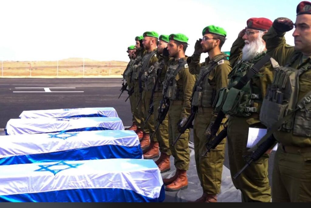 The 4 coffins handed over by Hamas: Oded Lifschitz and of Bibas family bodies: Ariel Bibas,  Kfir Bibas and unidentified Gazan woman instead of the body of Shir Bibas (Source: IDF spokesperson)