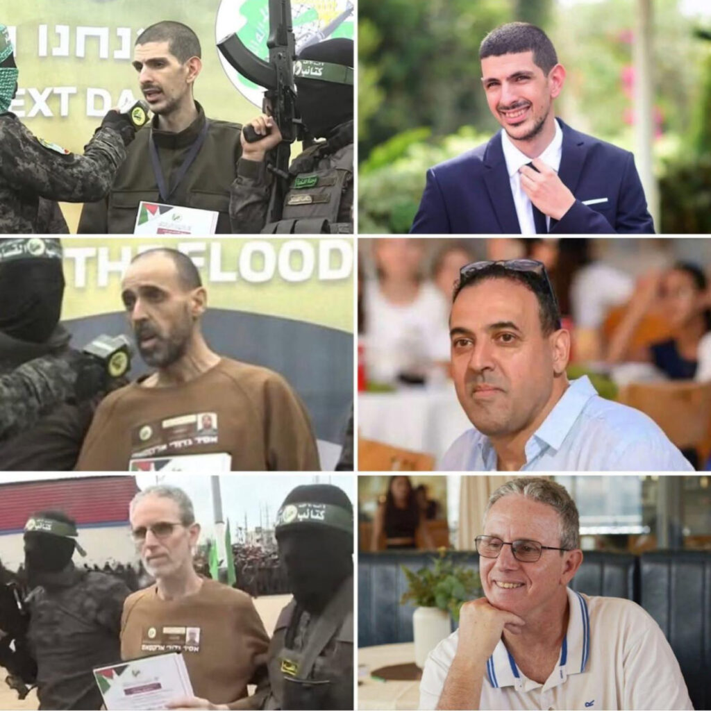 Or Levy, Eli Sharabi and Ohad Ben Ami (from top to bottom), right - before they were kidnapped; and on the left - today on their release (Source: Yoseph Haddad facebook)