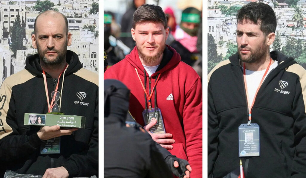 Sagui Dekel-Chen, Sasha Troufanov and Yair Horn on Hamas stage today before they have been released. Unlike the last three, that looked like Mozelmans, they seems to be physically OK (Source: HaHretz.co.il)